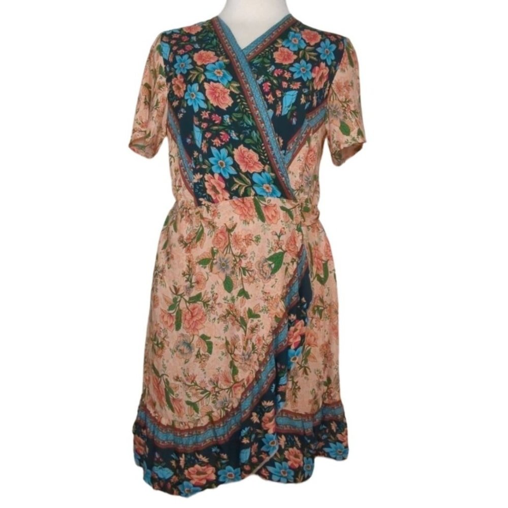 Ecowish Womens Medium Floral Boho Summer Wrap Dress Bohemian Peach Teal - Picture 1 of 5